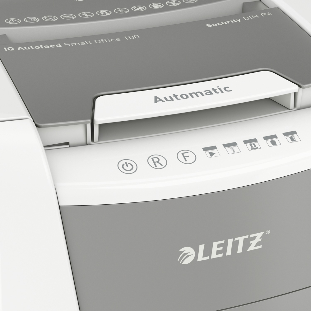 Distrugator automat documente Leitz IQ Small Office  ,  100 coli ,  P4 ,  cross-cut (tip confeti) ,  cos 34 litri ,  alb-gri ,  Leitz Cod Produs: 80110000 [13]