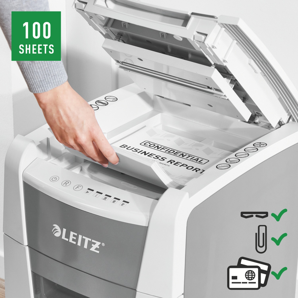Distrugator automat documente Leitz IQ Small Office  ,  100 coli ,  P4 ,  cross-cut (tip confeti) ,  cos 34 litri ,  alb-gri ,  Leitz Cod Produs: 80110000 [3]