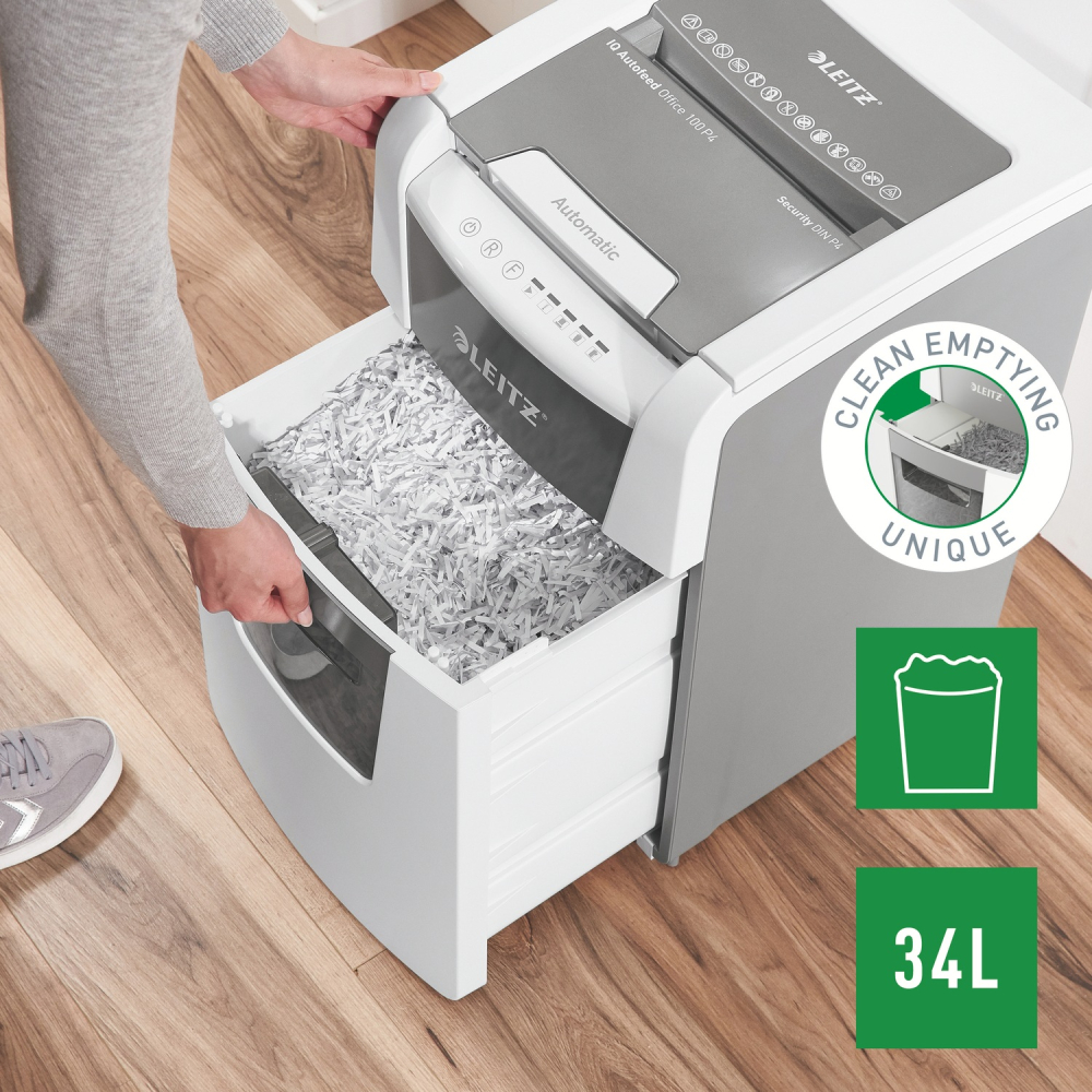 Distrugator automat documente Leitz IQ Small Office  ,  100 coli ,  P4 ,  cross-cut (tip confeti) ,  cos 34 litri ,  alb-gri ,  Leitz Cod Produs: 80110000 [7]
