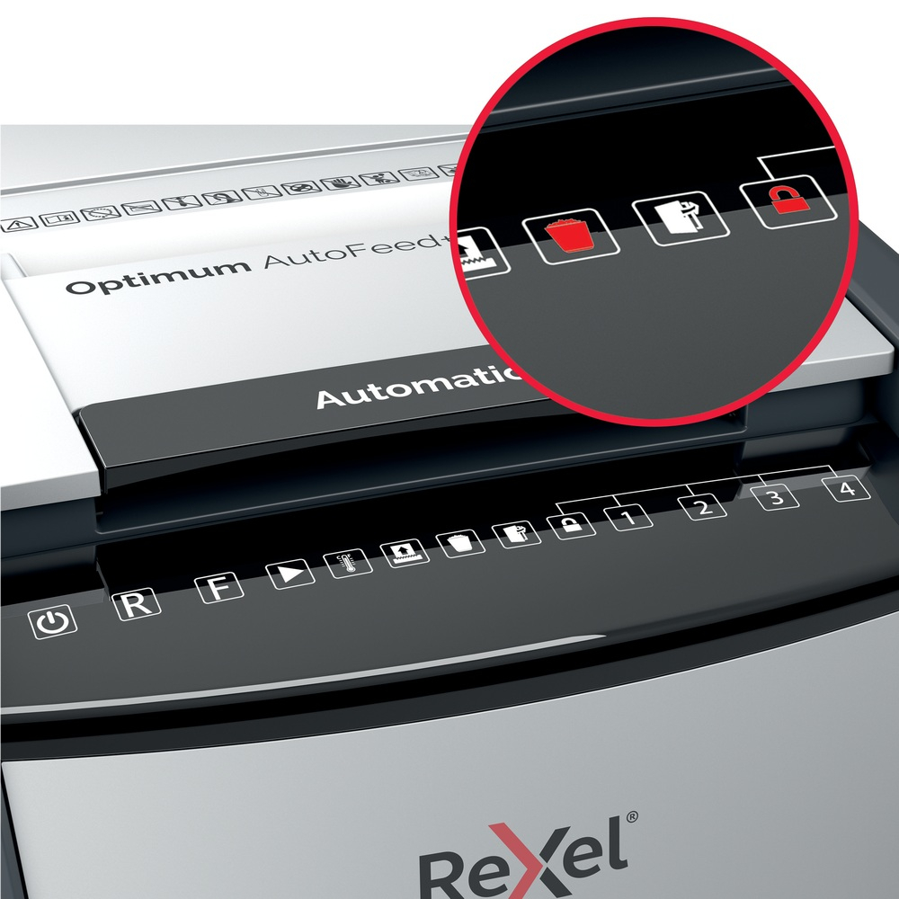 Distrugator automat documente Rexel OPTIMUM 130M  ,  130 coli ,  P5 ,  micro-cut (tip particule) ,  cos 44 litri ,  negru-gri ,  Cod Produs: 2020130MEU [13]