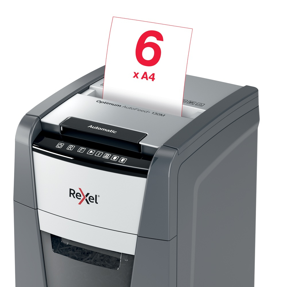 Distrugator automat documente Rexel OPTIMUM 130M  ,  130 coli ,  P5 ,  micro-cut (tip particule) ,  cos 44 litri ,  negru-gri ,  Cod Produs: 2020130MEU [11]
