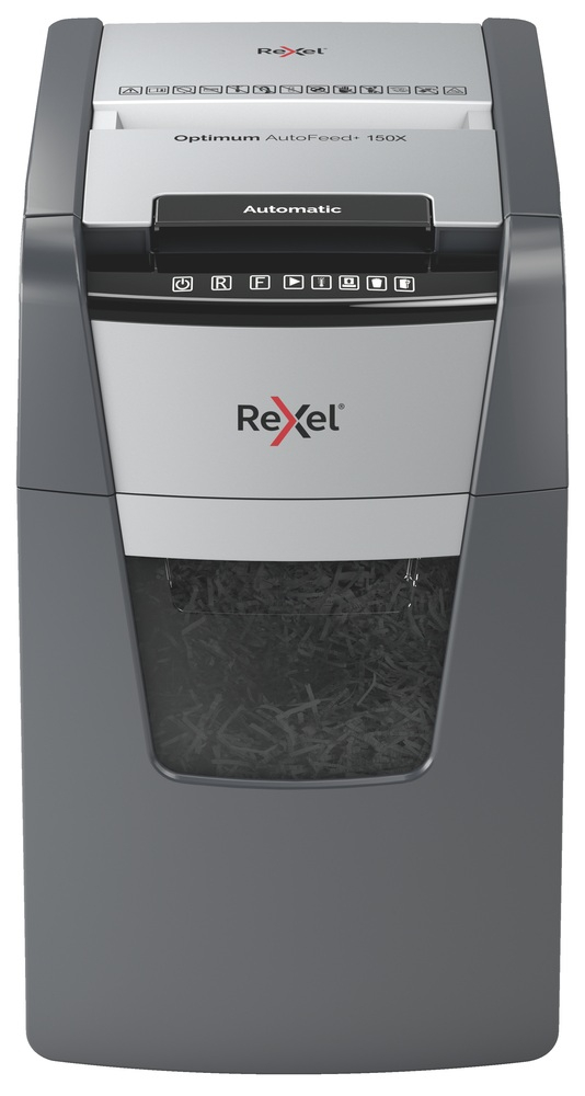 Distrugator automat documente Rexel OPTIMUM 150X  ,  150 coli ,  P4 ,  cross-cut (tip confeti) ,  cos 44 litri ,  negru-gri ,  Cod Produs: 2020150XEU [2]