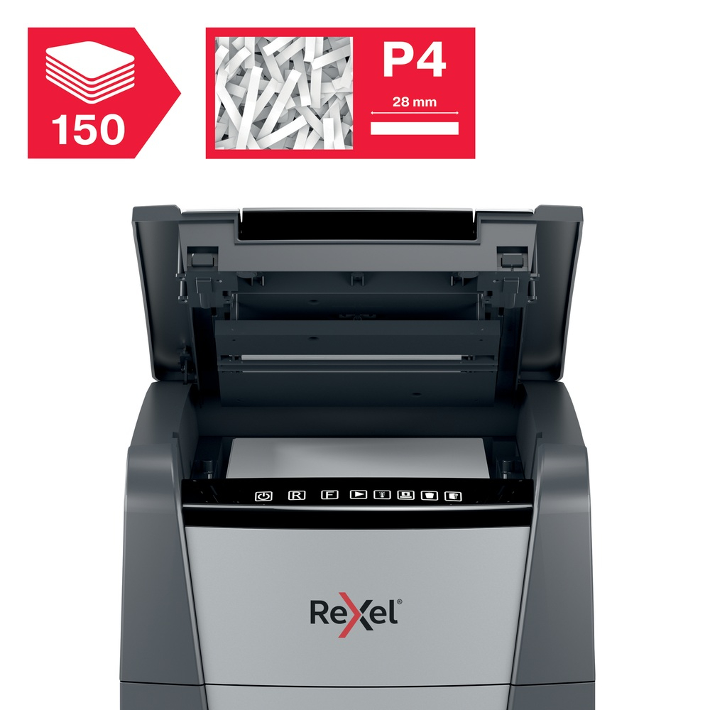 Distrugator automat documente Rexel OPTIMUM 150X  ,  150 coli ,  P4 ,  cross-cut (tip confeti) ,  cos 44 litri ,  negru-gri ,  Cod Produs: 2020150XEU [9]