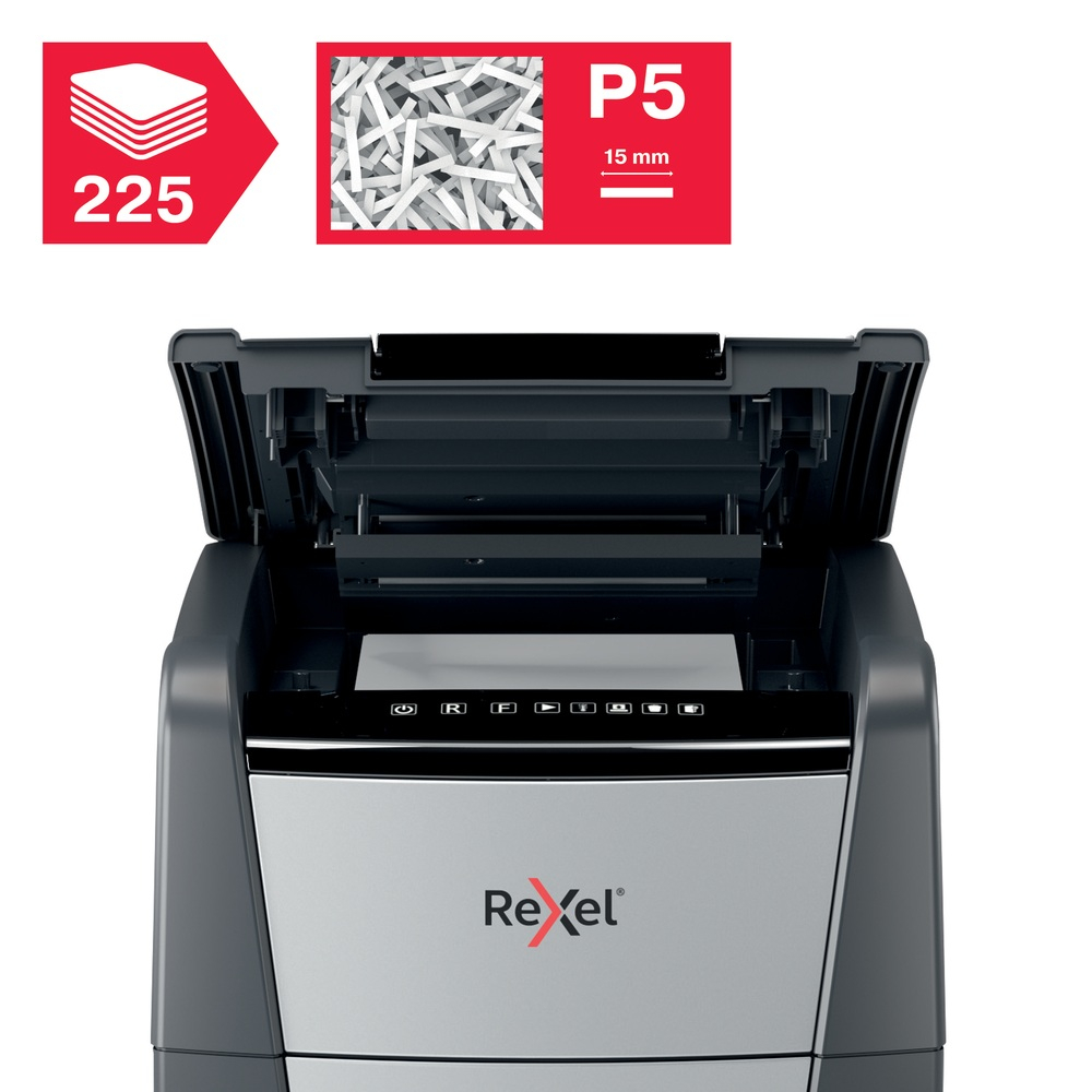 Distrugator automat documente Rexel OPTIMUM 225M  ,  225 coli ,  P5 ,  micro-cut (tip particule) ,  cos 60 litri ,  negru-gri ,  Cod Produs: 2020225MEU [9]