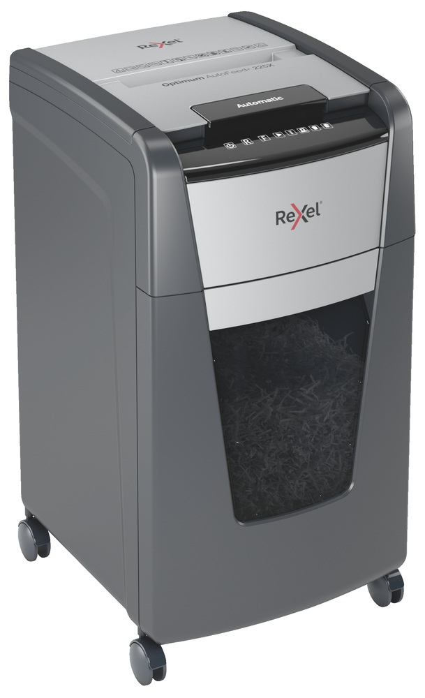Distrugator automat documente Rexel OPTIMUM 225X  ,  225 coli ,  P4 ,  cross-cut (tip confeti) ,  cos 60 litri ,  negru-gri ,  Cod Produs: 2020225XEU [3]