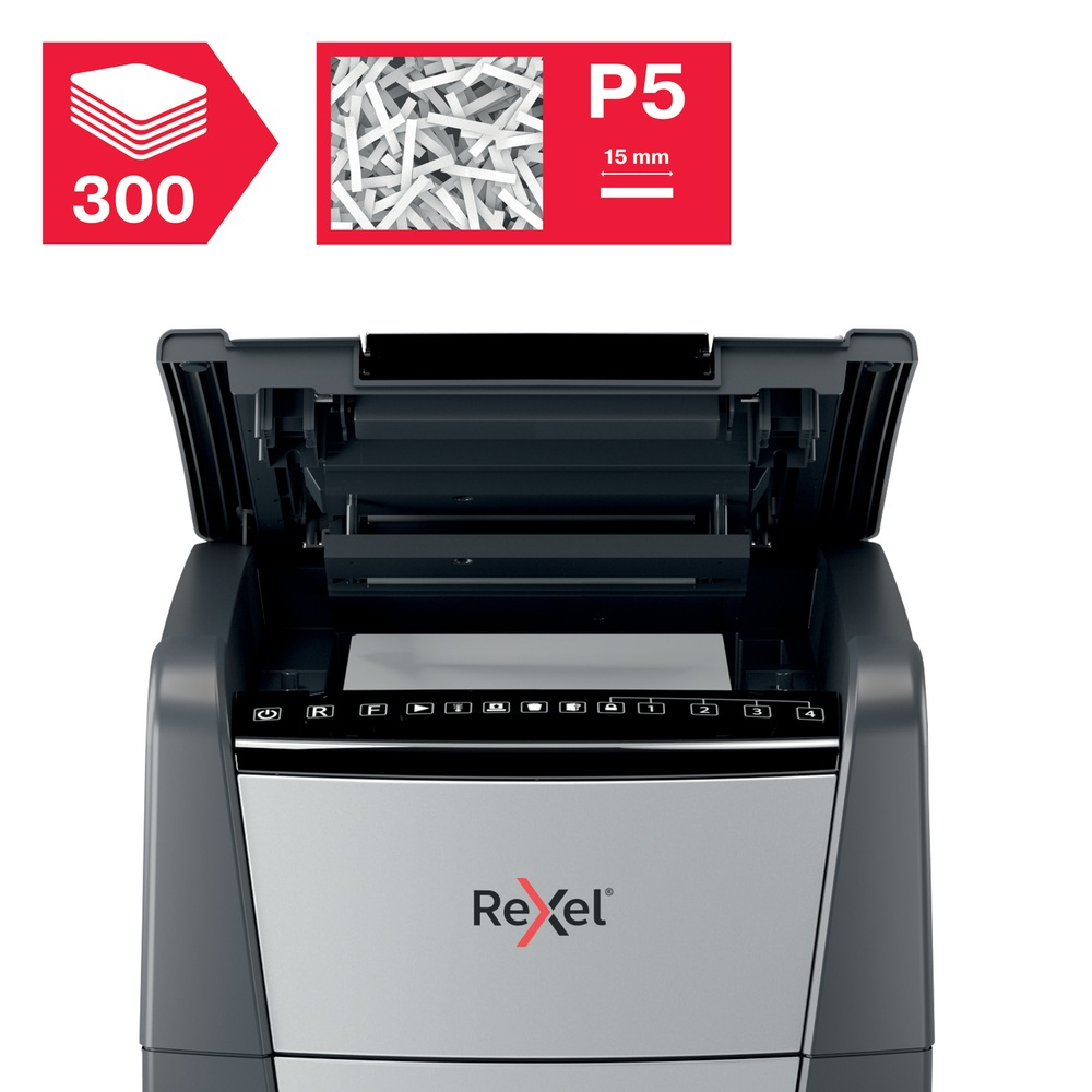 Distrugator automat documente Rexel OPTIMUM 300M  ,  300 coli ,  P5 ,  micro-cut (tip particule) ,  cos 60 litri ,  negru-gri ,  Cod Produs: 2020300MEU [9]