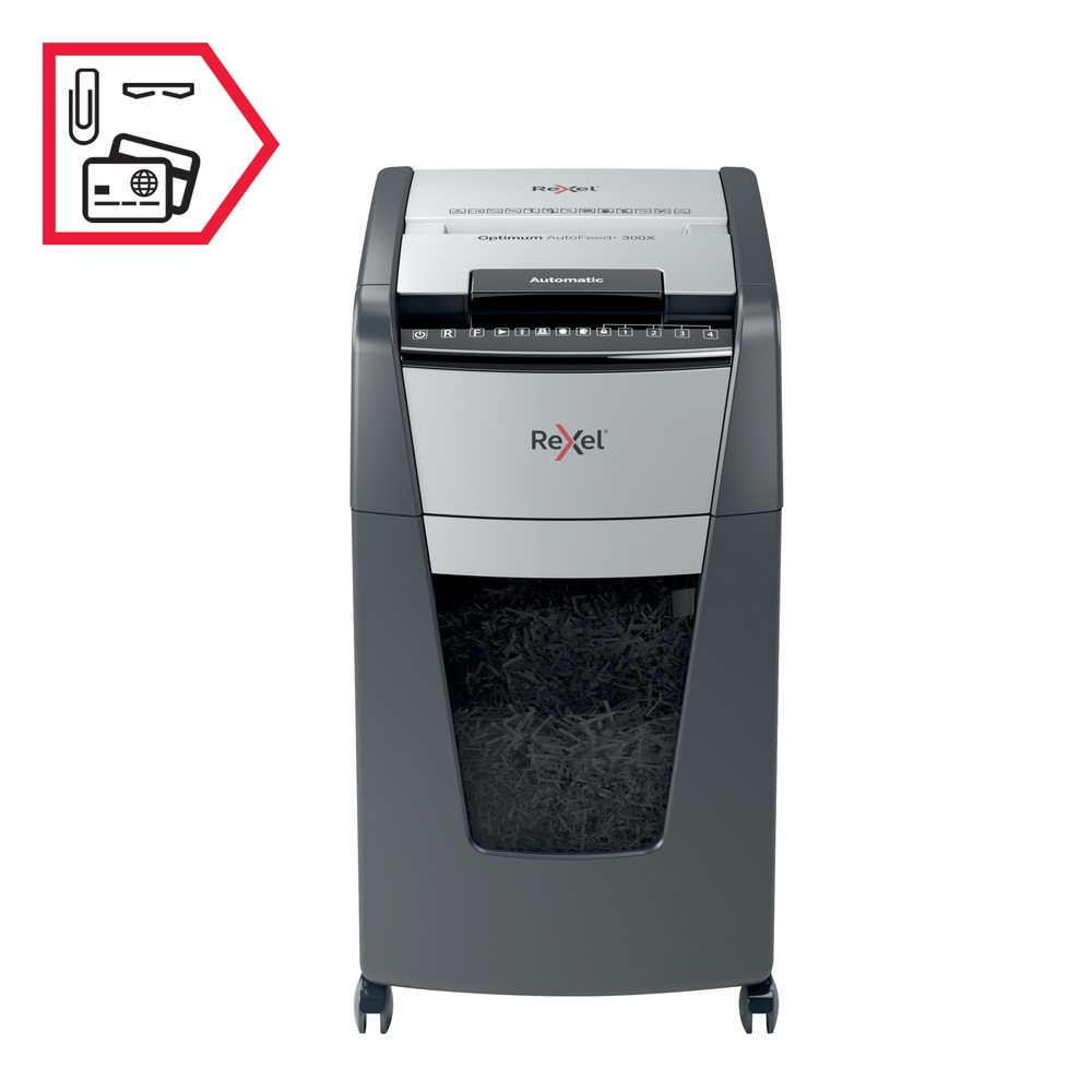 Distrugator automat documente Rexel OPTIMUM 300X , 300 coli , P4 , cross-cut (tip confeti) , cos 60 litri , negru-gri , Cod Produs: 2020300XEU [7]