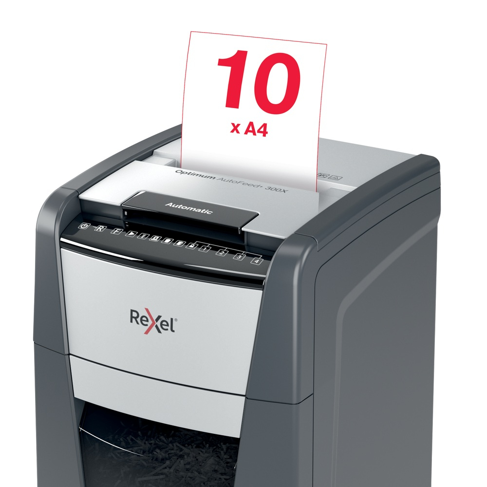 Distrugator automat documente Rexel OPTIMUM 300X , 300 coli , P4 , cross-cut (tip confeti) , cos 60 litri , negru-gri , Cod Produs: 2020300XEU [10]