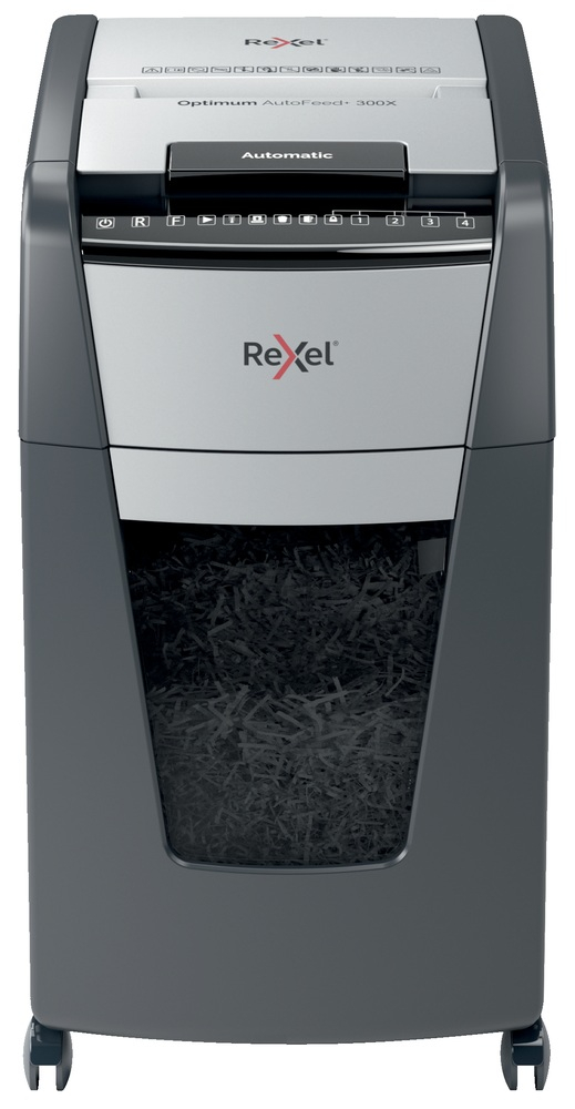 Distrugator automat documente Rexel OPTIMUM 300X , 300 coli , P4 , cross-cut (tip confeti) , cos 60 litri , negru-gri , Cod Produs: 2020300XEU [2]