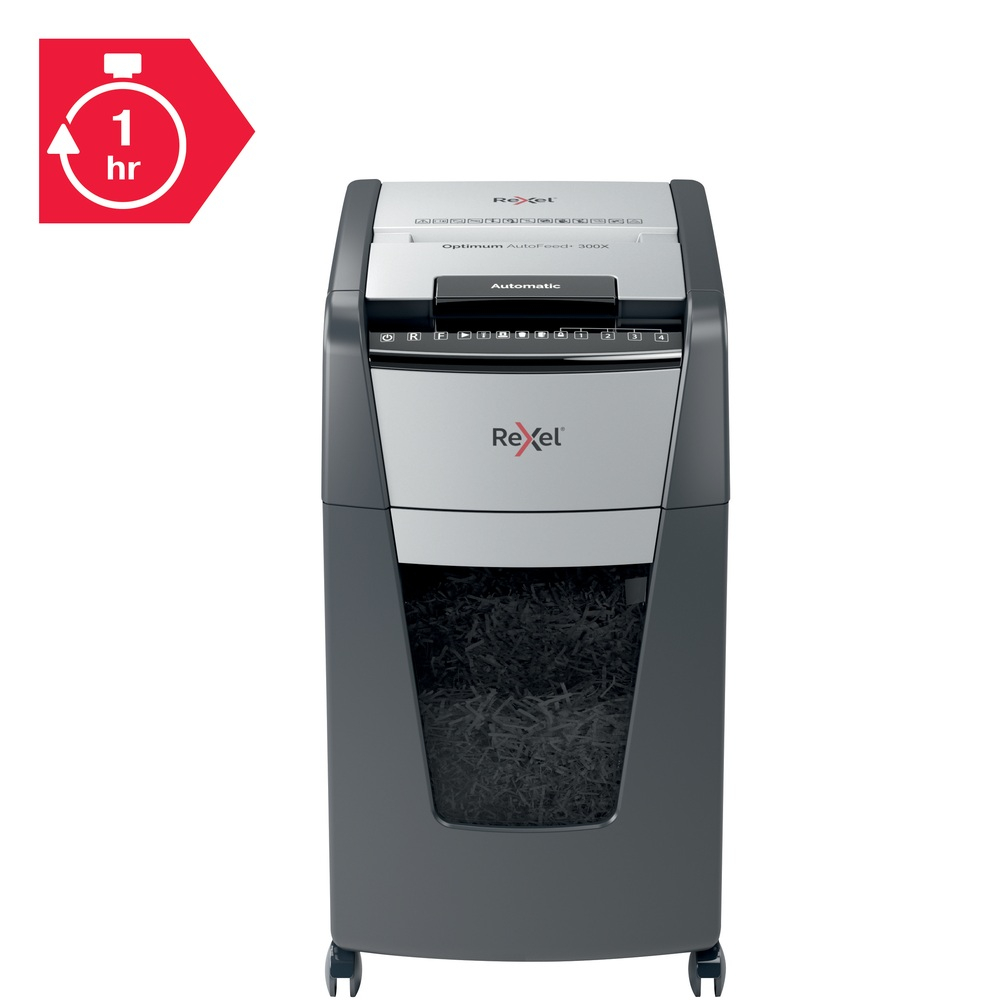 Distrugator automat documente Rexel OPTIMUM 300X , 300 coli , P4 , cross-cut (tip confeti) , cos 60 litri , negru-gri , Cod Produs: 2020300XEU [11]