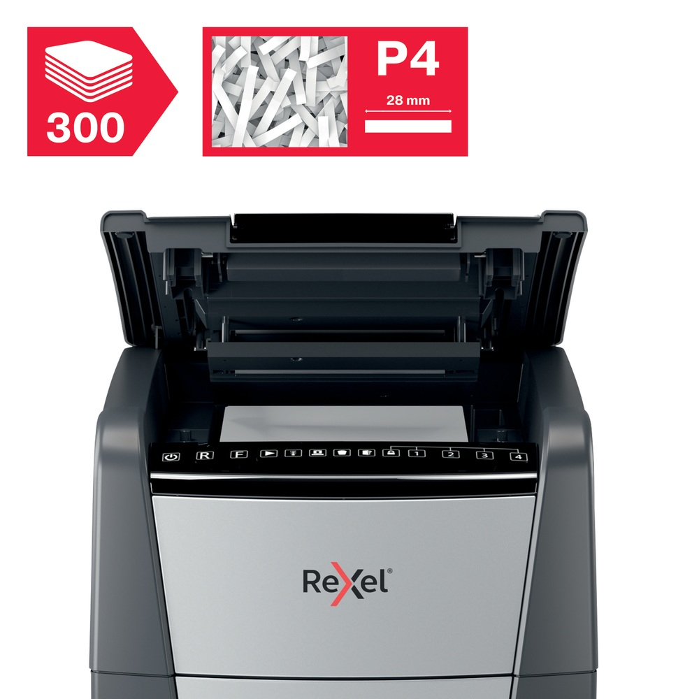 Distrugator automat documente Rexel OPTIMUM 300X , 300 coli , P4 , cross-cut (tip confeti) , cos 60 litri , negru-gri , Cod Produs: 2020300XEU [9]