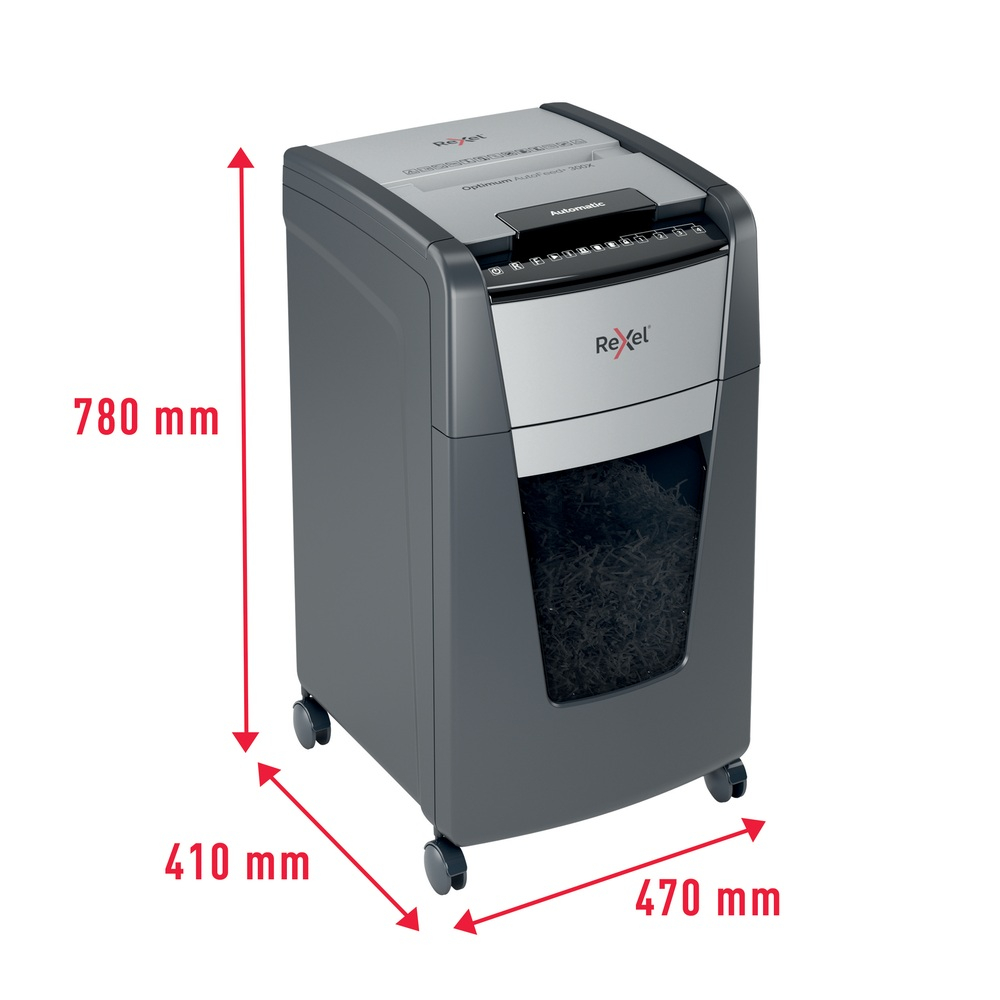 Distrugator automat documente Rexel OPTIMUM 300X , 300 coli , P4 , cross-cut (tip confeti) , cos 60 litri , negru-gri , Cod Produs: 2020300XEU [8]