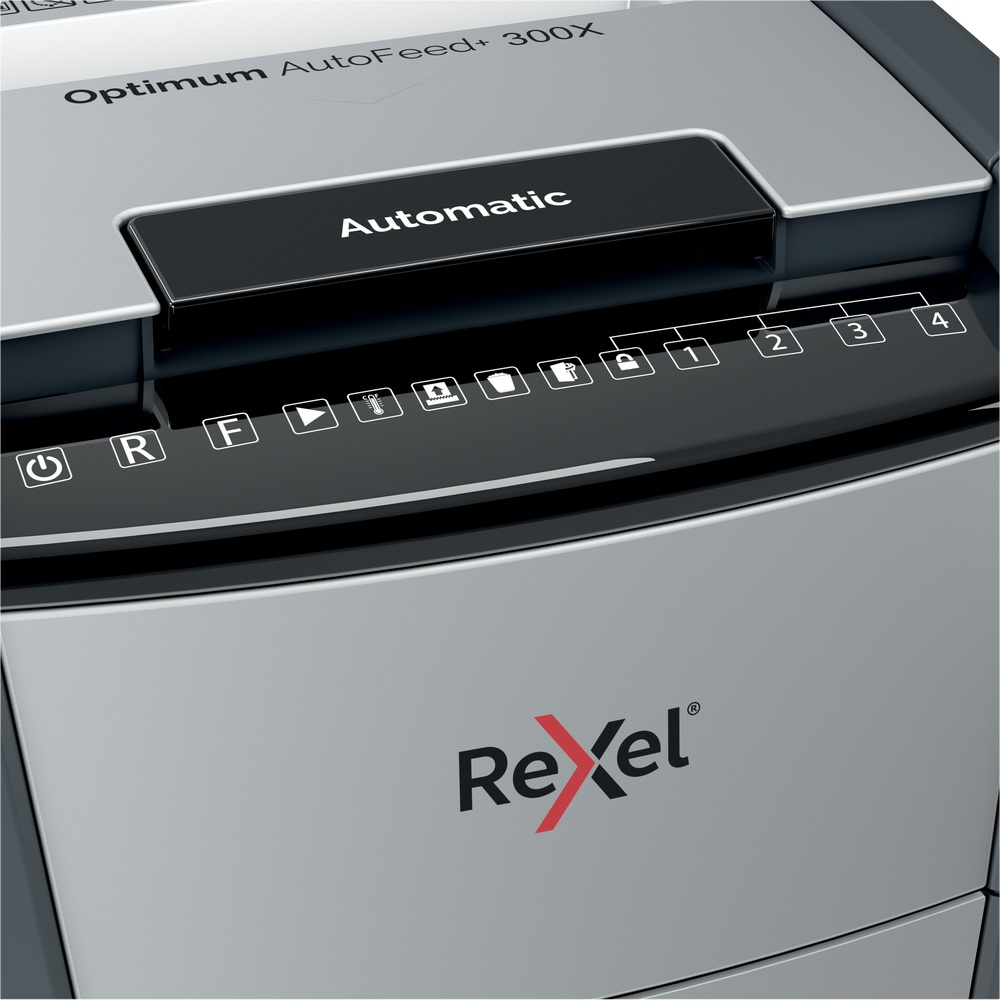 Distrugator automat documente Rexel OPTIMUM 300X , 300 coli , P4 , cross-cut (tip confeti) , cos 60 litri , negru-gri , Cod Produs: 2020300XEU [5]