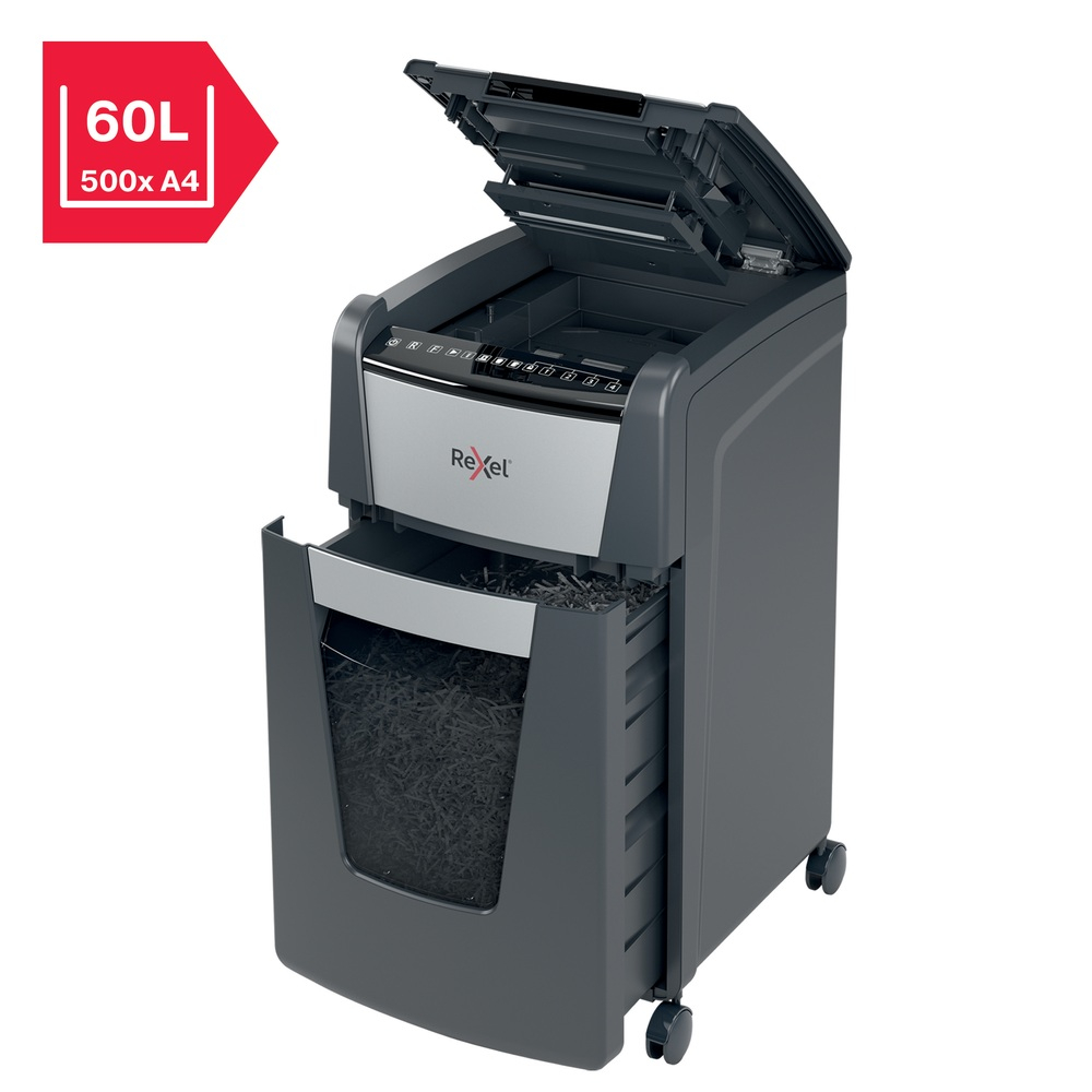 Distrugator automat documente Rexel OPTIMUM 300X , 300 coli , P4 , cross-cut (tip confeti) , cos 60 litri , negru-gri , Cod Produs: 2020300XEU [13]
