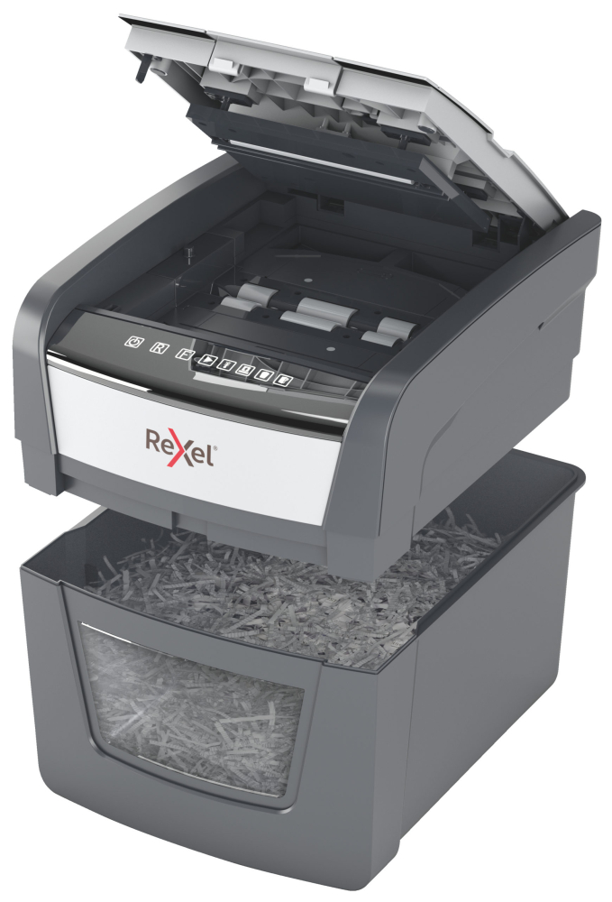 Distrugator automat documente Rexel OPTIMUM 45X  ,  45 coli ,  P4 ,  cross-cut (tip confeti) ,  cos 20 litri ,  negru-gri ,  Cod Produs: 2020045XEU [12]