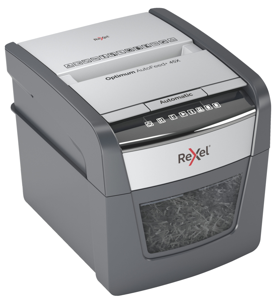 Distrugator automat documente Rexel OPTIMUM 45X  ,  45 coli ,  P4 ,  cross-cut (tip confeti) ,  cos 20 litri ,  negru-gri ,  Cod Produs: 2020045XEU [13]