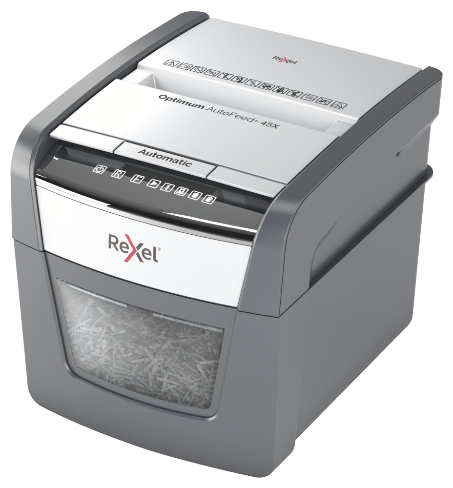 Distrugator automat documente Rexel OPTIMUM 45X  ,  45 coli ,  P4 ,  cross-cut (tip confeti) ,  cos 20 litri ,  negru-gri ,  Cod Produs: 2020045XEU [14]
