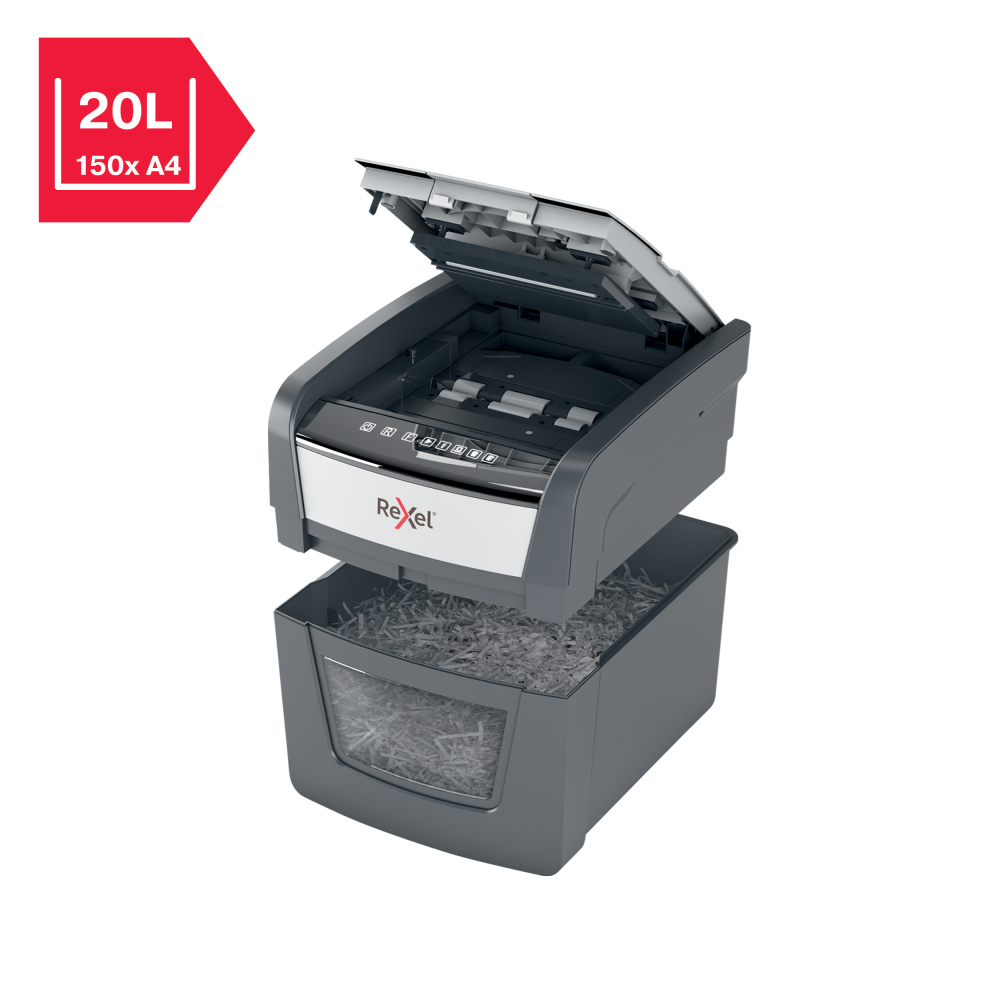 Distrugator automat documente Rexel OPTIMUM 45X  ,  45 coli ,  P4 ,  cross-cut (tip confeti) ,  cos 20 litri ,  negru-gri ,  Cod Produs: 2020045XEU [10]