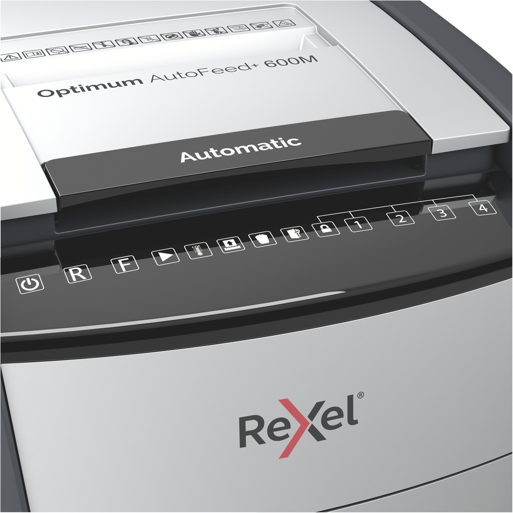 Distrugator automat documente Rexel OPTIMUM 600M  ,  600 coli ,  P5 ,  micro-cut (tip particule) ,  cos 110 litri ,  negru-gri ,  Cod Produs: 2020600MEU [5]