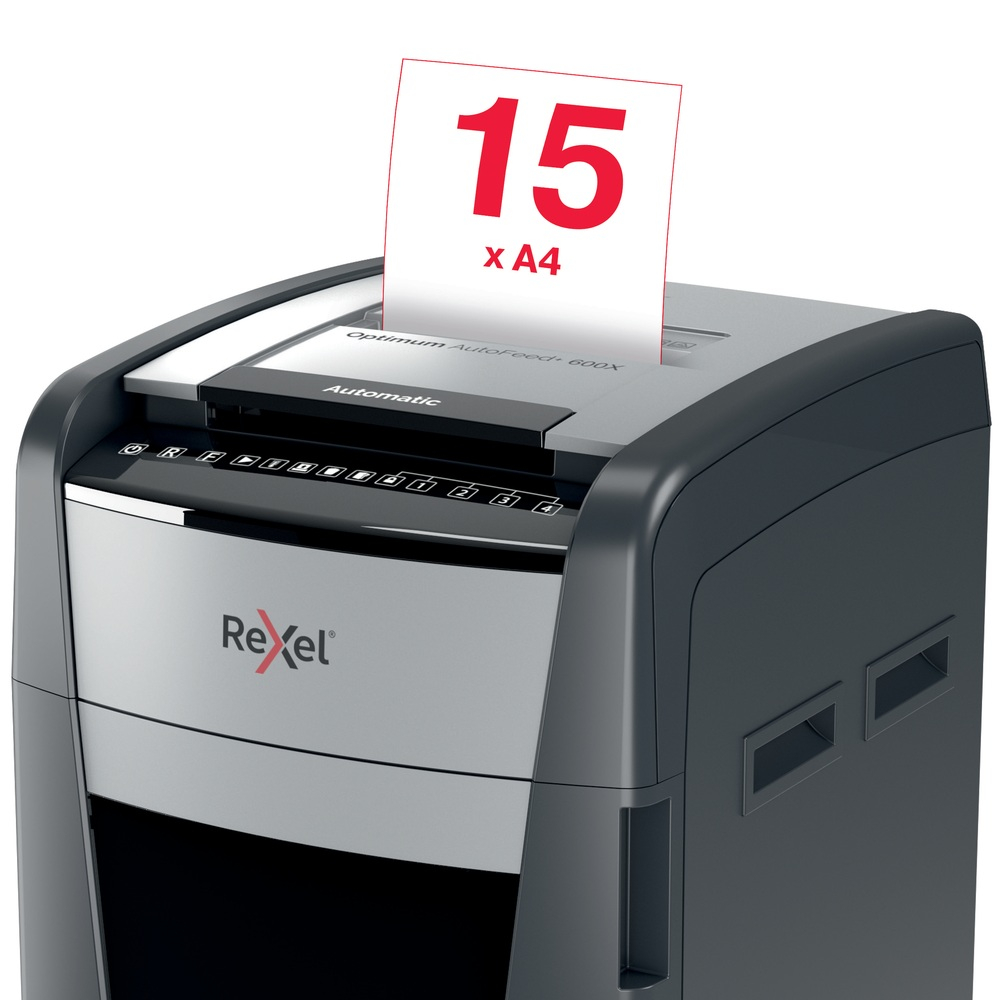 Distrugator automat documente Rexel OPTIMUM 600X  ,  600 coli ,  P4 ,  cross-cut (tip confeti) ,  cos 110 litri ,  negru-gri ,  Cod Produs: 2020600XEU [11]