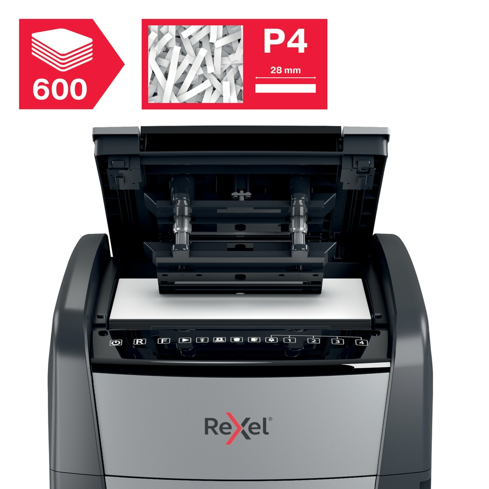 Distrugator automat documente Rexel OPTIMUM 600X  ,  600 coli ,  P4 ,  cross-cut (tip confeti) ,  cos 110 litri ,  negru-gri ,  Cod Produs: 2020600XEU [10]