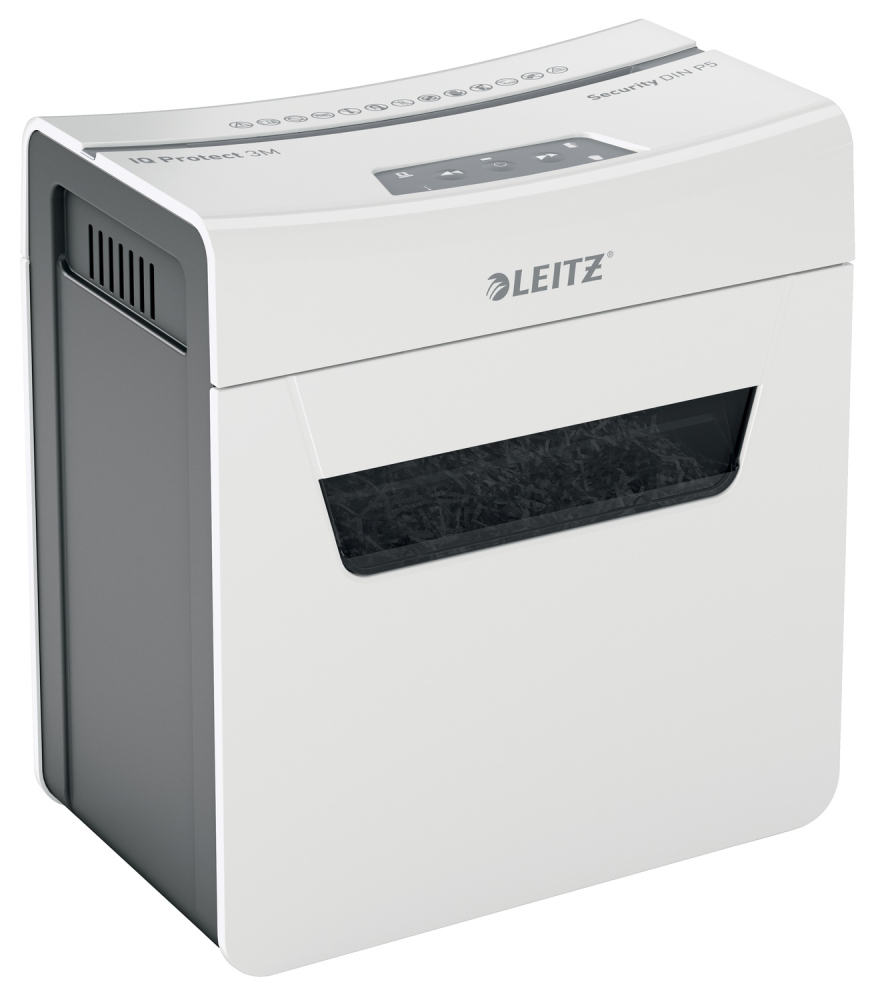 Distrugator manual documente Leitz IQ Protect 3M  ,  3 coli ,  P5 ,  micro-cut (tip particule) ,  cos 10 litri ,  alb ,  Leitz Cod Produs: 80930000 [11]