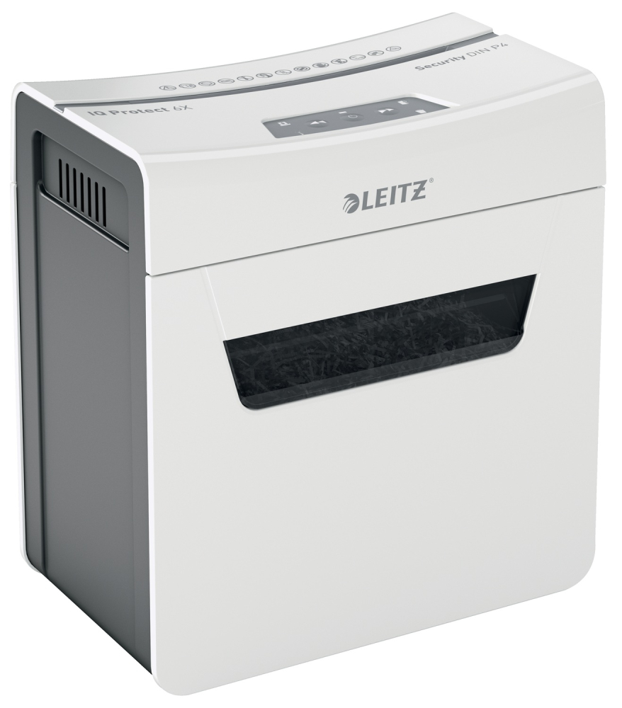 Distrugator manual documente Leitz IQ Protect 6X  ,  6 coli ,  P4 ,  cross-cut (tip confeti) ,  cos 10 litri ,  alb ,  Leitz Cod Produs: 80900000 [11]