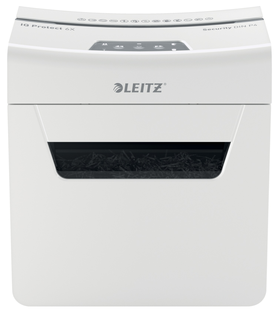Distrugator manual documente Leitz IQ Protect 6X  ,  6 coli ,  P4 ,  cross-cut (tip confeti) ,  cos 10 litri ,  alb ,  Leitz Cod Produs: 80900000 [10]
