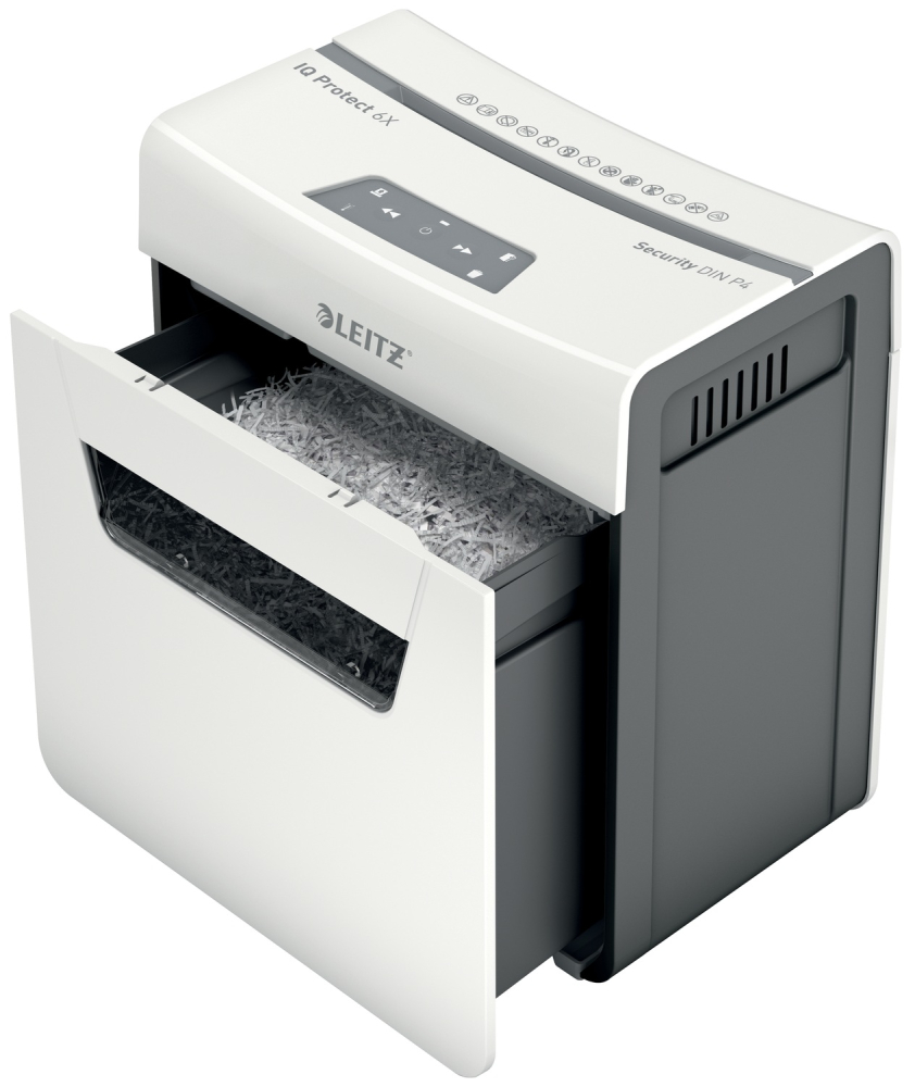 Distrugator manual documente Leitz IQ Protect 6X  ,  6 coli ,  P4 ,  cross-cut (tip confeti) ,  cos 10 litri ,  alb ,  Leitz Cod Produs: 80900000 [13]