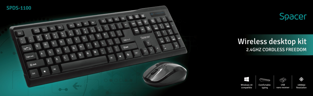KIT wireless SPACER ,  tastatura wireless + mouse wireless ,  black ,  Cod Produs: SPDS-1100 [7]