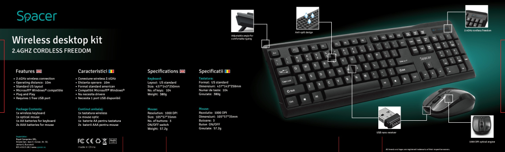 KIT wireless SPACER ,  tastatura wireless + mouse wireless ,  black ,  Cod Produs: SPDS-1100 [8]