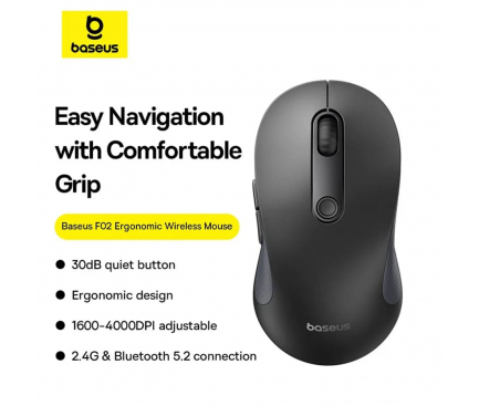 MOUSE Baseus F02 PC sau NB wireless, 2.4GHz si Bluetooth, optic, 800/ 1200/1600 dpi,butoane/scroll 4/1, negru Cod Produs: B01055505111-01 [2]