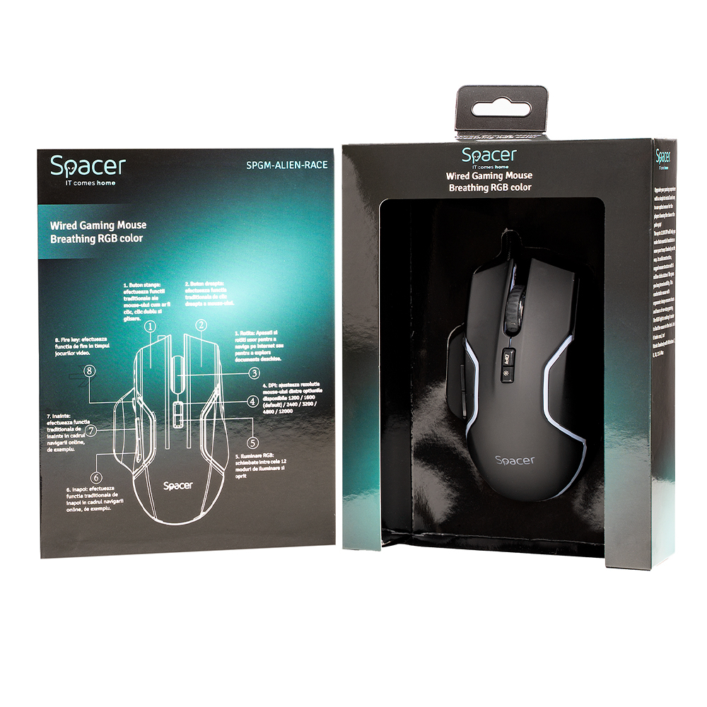 MOUSE Spacer - gaming, gaming, cu fir, USB, optic, 12.000 dpi, butoane/scroll 8/1, iluminare RGB, negru, Cod Produs: SPGM-ALIEN-RACE [6]