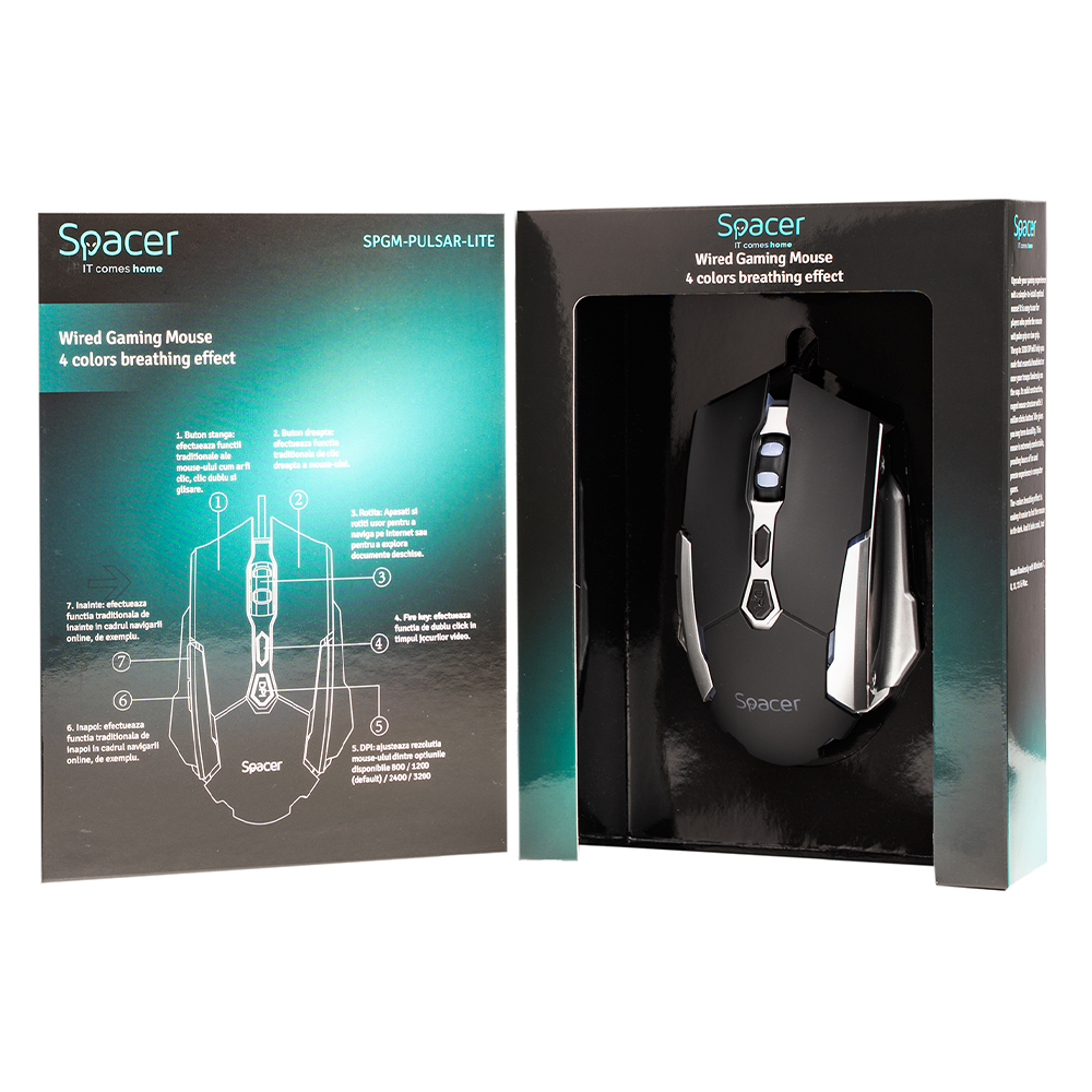 MOUSE Spacer - gaming, gaming, cu fir, USB, optic, 3.200 dpi, butoane/scroll 7/1, iluminare, negru, Cod Produs: SPGM-PULSAR-LITE [6]