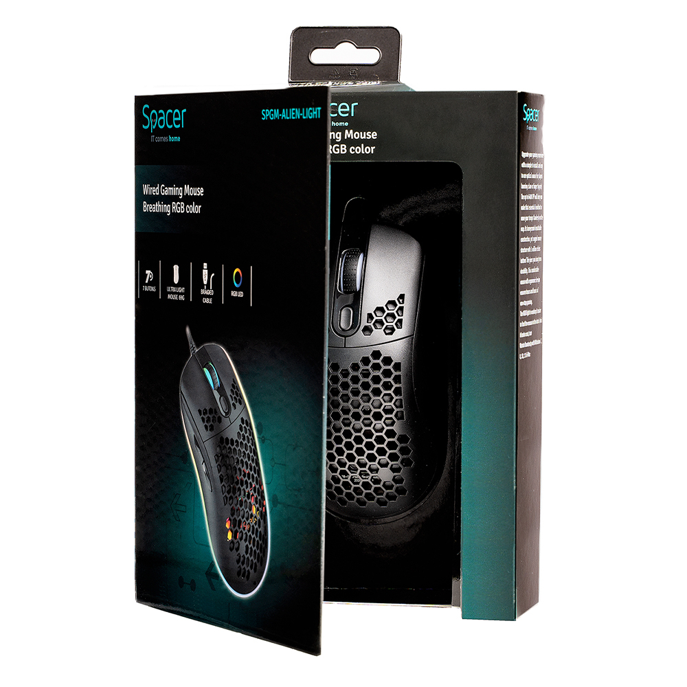 MOUSE Spacer - gaming, gaming, cu fir, USB, optic, 6.400 dpi, butoane/scroll 7/1, iluminare RGB, negru, Cod Produs: SPGM-ALIEN-LIGHT [12]
