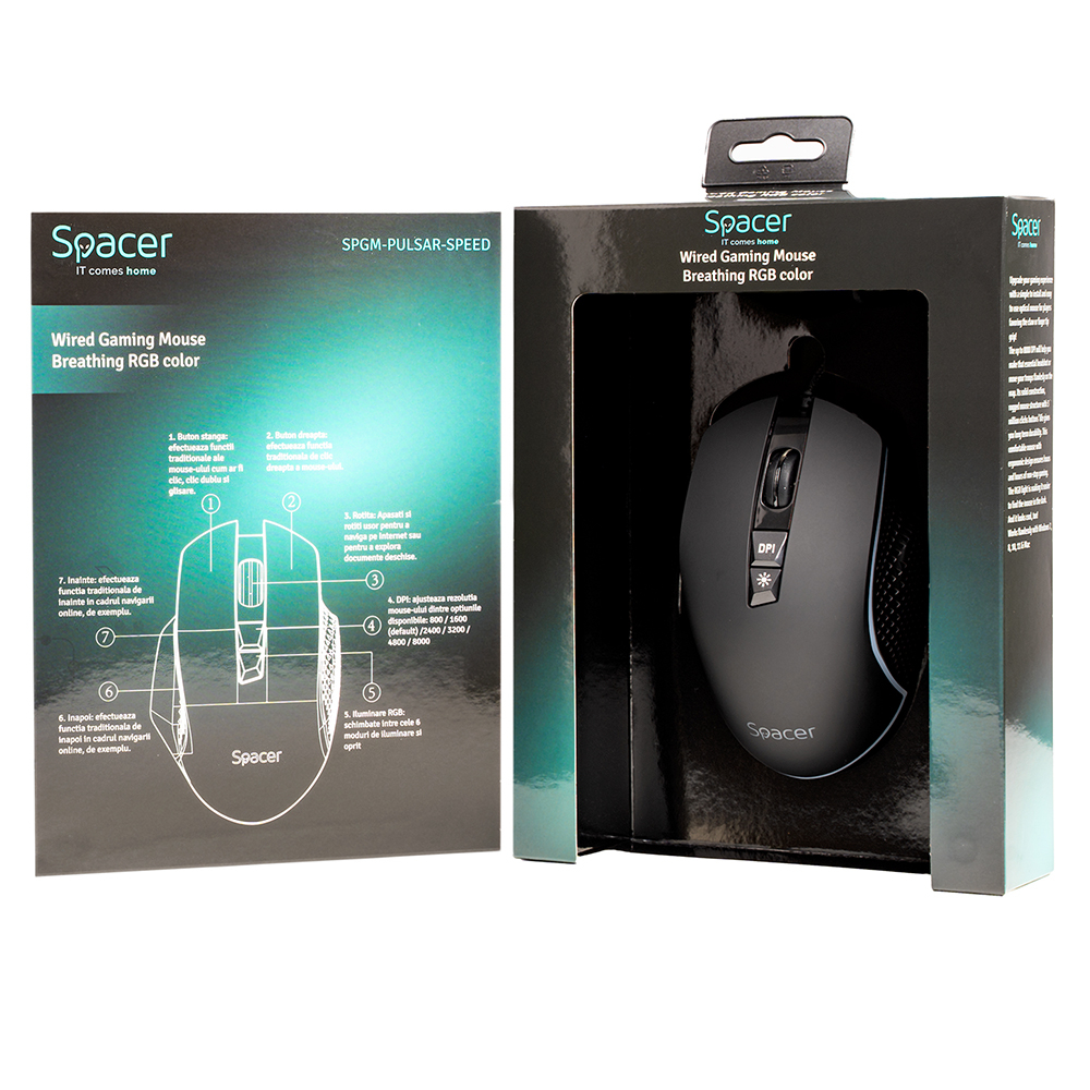 MOUSE Spacer - gaming, gaming, cu fir, USB, optic, 8.000 DPI, butoane/scroll 7/1, iluminare RGB, negru, Cod Produs: SPGM-PULSAR-SPEED [6]