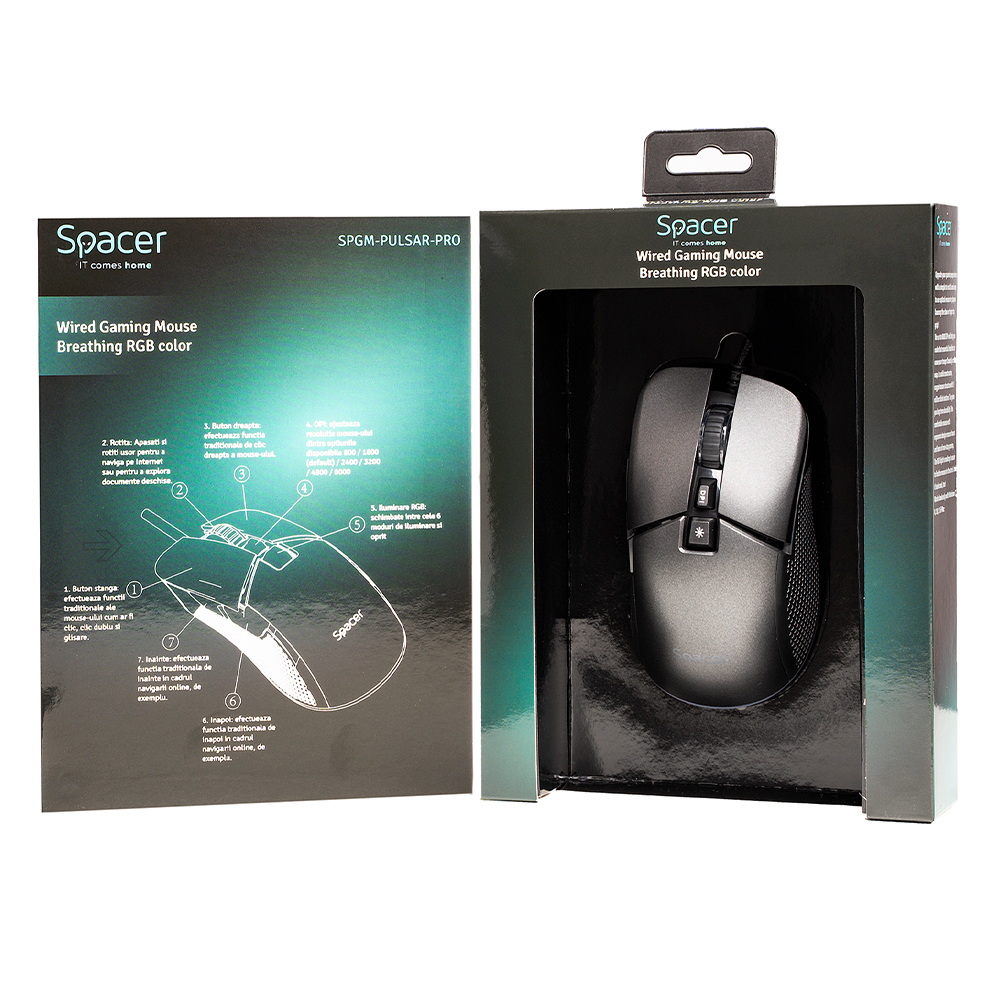 MOUSE Spacer - gaming, gaming, cu fir, USB, optic, rezolutie selectabila max. 8.000 dpi, butoane/scroll 7/1, iluminare RGB, negru, Cod Produs: SPGM-PULSAR-PRO [6]