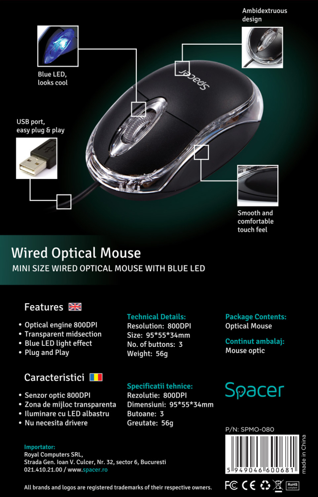 MOUSE  Spacer, PC sau NB, cu fir, USB, optic,  800 dpi, butoane/scroll 3/1, , negru, Cod Produs: SPMO-080 [7]