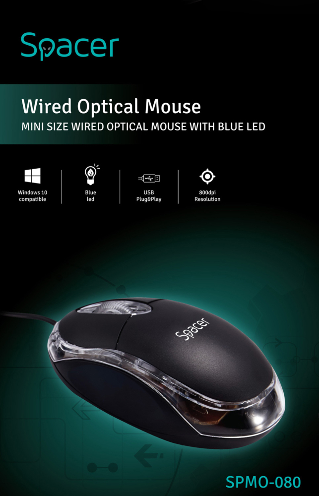 MOUSE  Spacer, PC sau NB, cu fir, USB, optic,  800 dpi, butoane/scroll 3/1, , negru, Cod Produs: SPMO-080 [6]