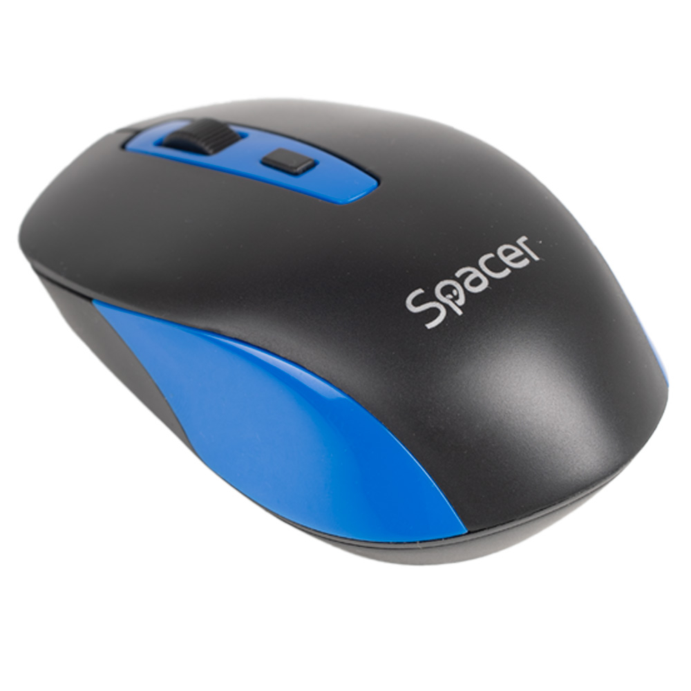 MOUSE Spacer, PC sau NB, wireless, 2.4GHz, optic, 1600 dpi, butoane/scroll 4/1, negru cu albastru, baterii incluse 2x AAA, ambalaj blister Cod Produs: SPMO-WS01-BKBL [1]