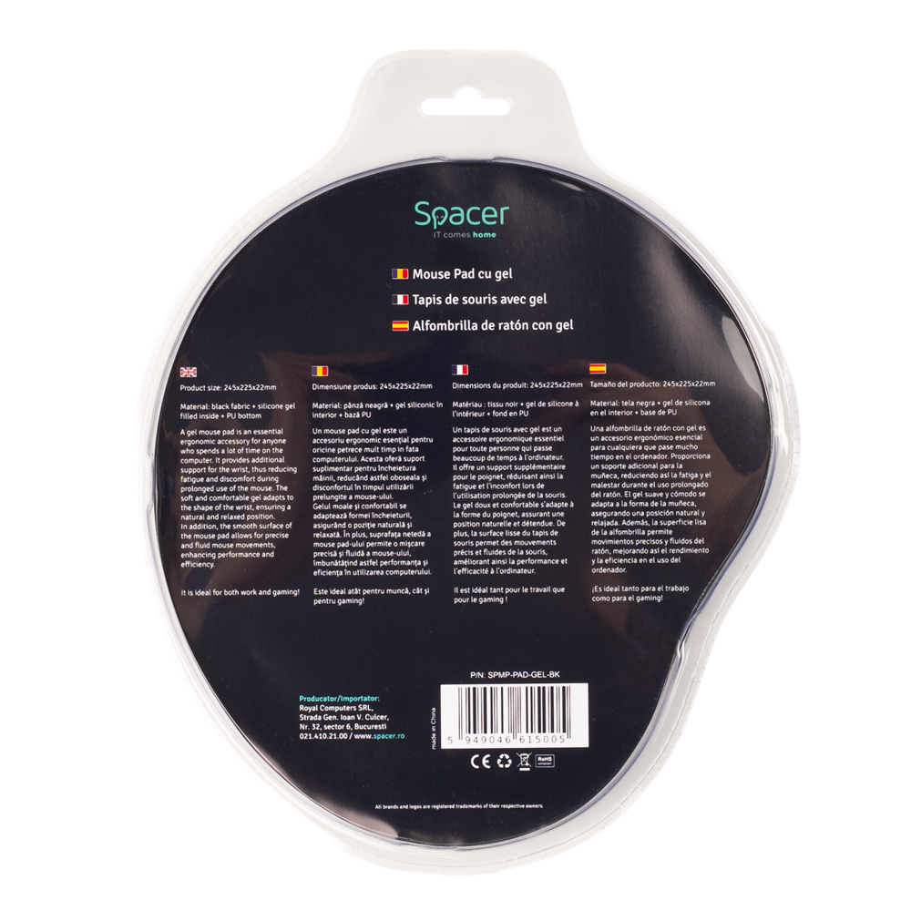 MousePAD SPACER ,  suport incheietura cu gel ,  cauciuc si material textil ,  240 x 220 mm ,  negru Cod Produs: SPMP-PAD-GEL-BK [6]