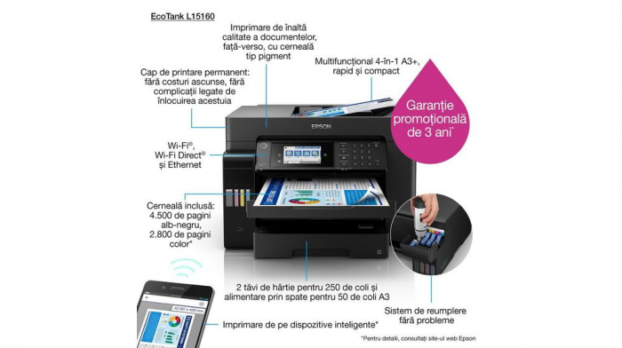 Multifunctional A3 color EPSON ECOTANK L15160 cod C11CH71402  Copiator Ecotank inkjet color A3, RADF printer color A3, USB, wireless, retea LAN,  scaner color, printare copiere si scanare Duplex fata- [2]