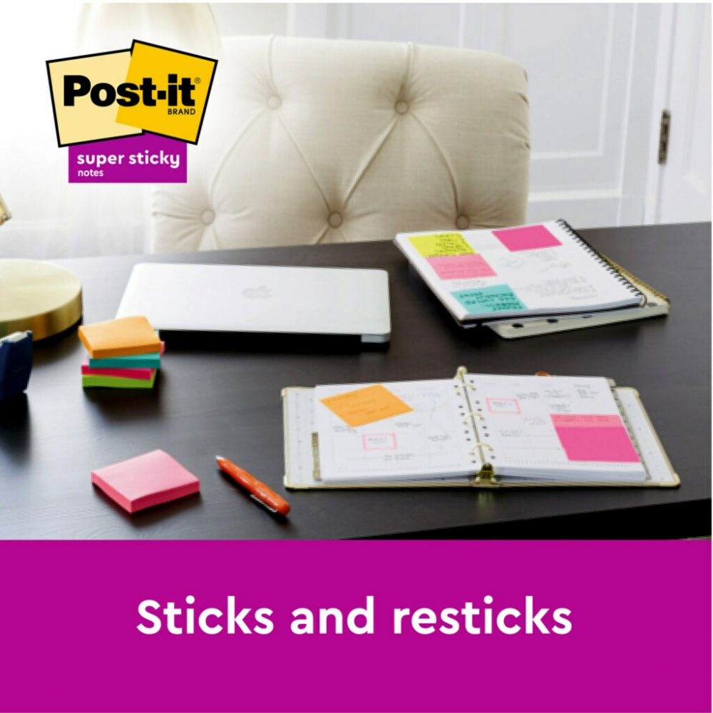 Notes adeziv Super Sticky 76 x 76 mm 90 file x 5 culori asortate Post-It 3M [6]