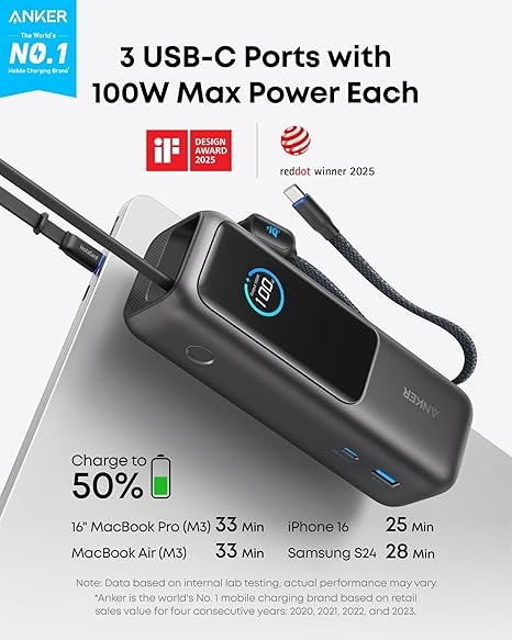 POWER BANK Anker 25.000 mAh ,  165W 2 x cablu USB-C incorporat ,  3 x USB-C (max 100W per port) ,  1 x USB-A (max 30W) ,  afisaj LED ,  595g ,  gri ,  Cod Produs: A1695H11 [2]