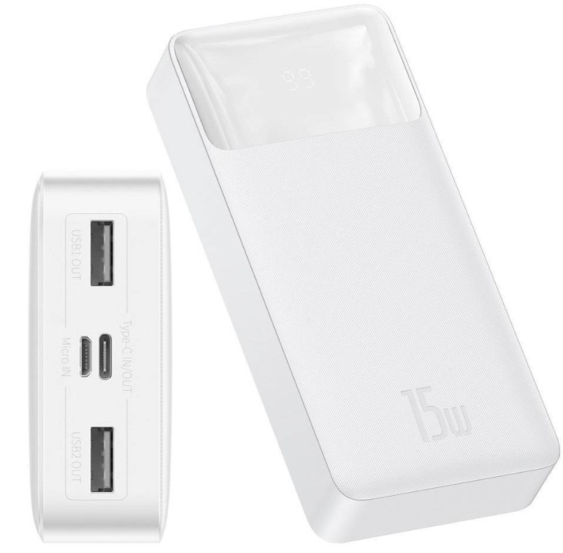 POWER BANK Baseus Bipow Digital Display ,  20000mAh ,  PD 15W ,  2 x USB; 1 x USB Type-C ,  1 x Micro USB digital display pt. status baterie ,  total 3A ,  alb Cod Produs: PPDML-J02 [2]