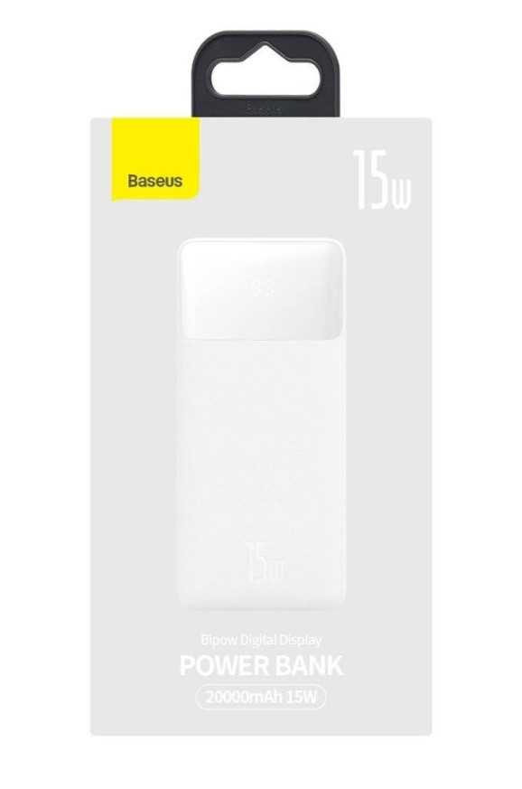 POWER BANK Baseus Bipow Digital Display ,  20000mAh ,  PD 15W ,  2 x USB; 1 x USB Type-C ,  1 x Micro USB digital display pt. status baterie ,  total 3A ,  alb Cod Produs: PPDML-J02 [1]