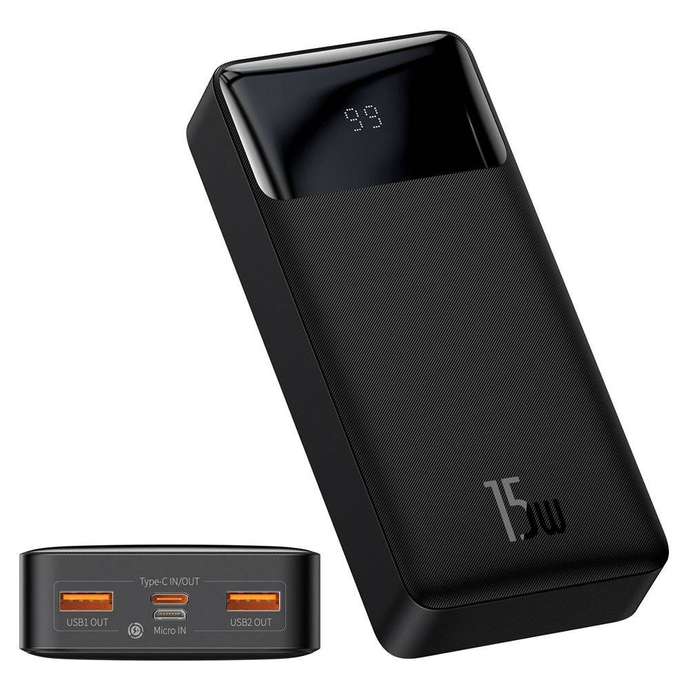 POWER BANK Baseus Bipow Digital Display ,  20000mAh ,  PD 15W ,  2 x USB; 1 x USB Type-C ,  1 x Micro USB digital display pt.status baterie , total 3A ,  black Cod Produs: PPDML-J01 [1]