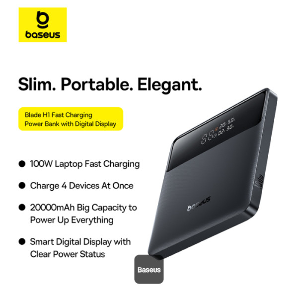 POWER BANK Baseus Blade H1 ,  20000mAh ,  PD 100W ,  ultra thin ,  2 x USB; 2 x USB Type-C ,  display digital pt. status baterie ,  total 5A ,  include cablu USB Type-C la USB Type-C ,  negru ,  Cod P [3]