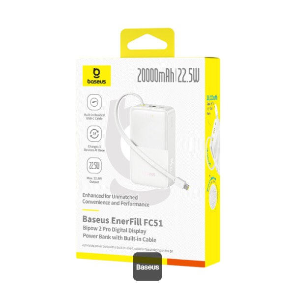POWER BANK Baseus EnerFill FC51 Bipow2 Pro ,  20000mAh ,  PD 22.5W ,  1 x USB; 1 x cablu integrat USB Type-C ,  1 x Type-C ,  digital display pt. status baterie , total 2.4A ,  alb Cod Produs: E002770 [7]