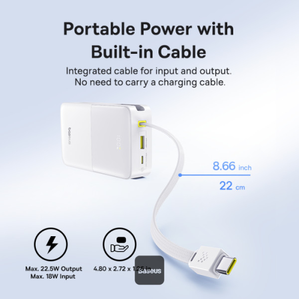 POWER BANK Baseus EnerFill FC51 Bipow2 Pro ,  20000mAh ,  PD 22.5W ,  1 x USB; 1 x cablu integrat USB Type-C ,  1 x Type-C ,  digital display pt. status baterie , total 2.4A ,  alb Cod Produs: E002770 [3]